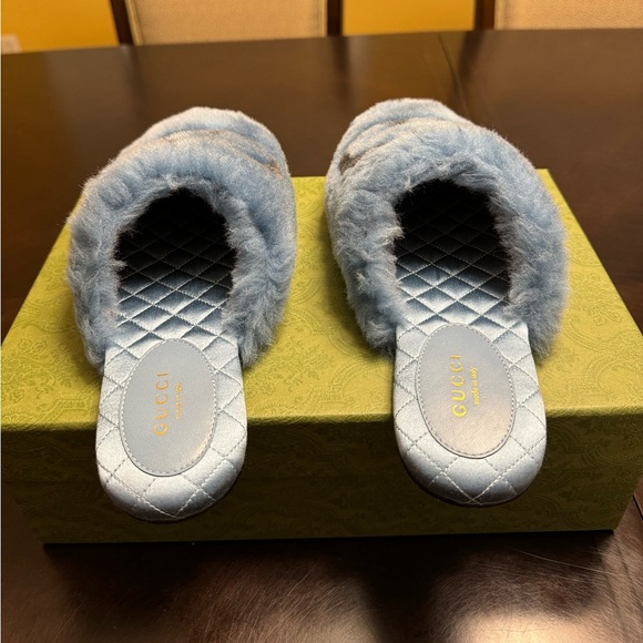 New Gucci GG Faux Fur Slip On Slides Blue Black Size 38 / US 8 - Picture 12 of 15